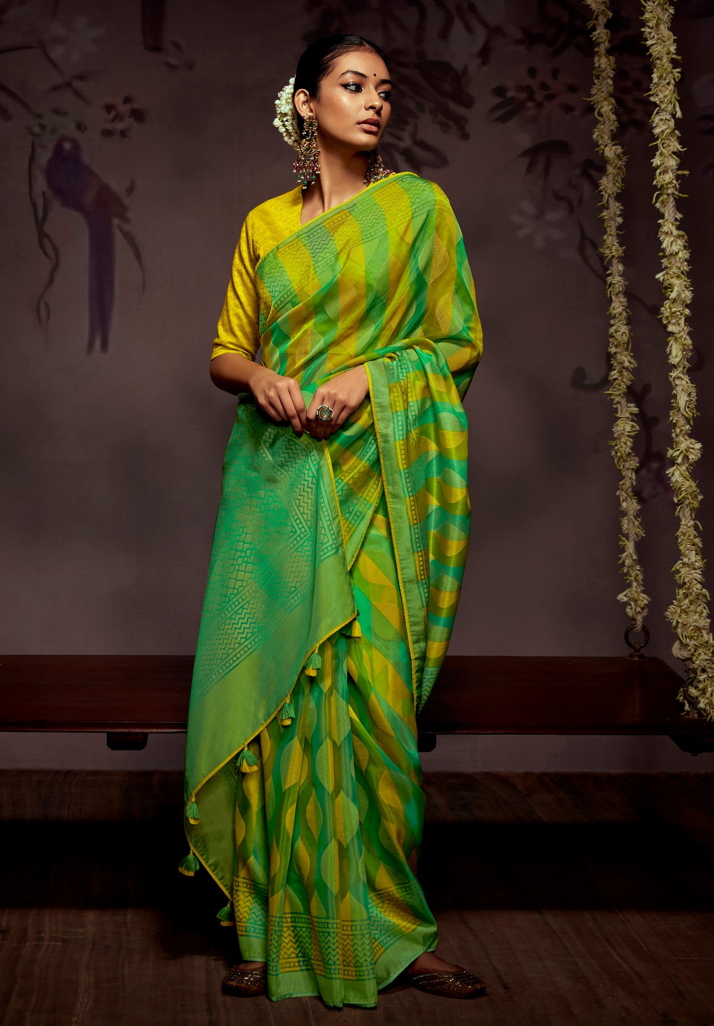 Yellow Green  Checks Designer Soft Organza Saree with Zari Border