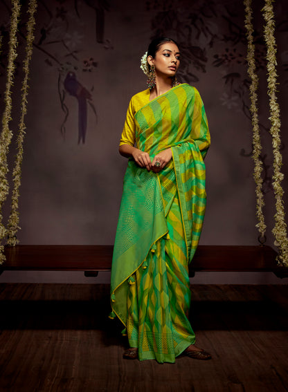 Yellow Green  Checks Designer Soft Organza Saree with Zari Border