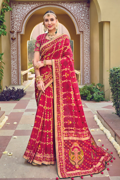 Tomato Red Soft Bandhani Style Dola Silk Saree with Blouse