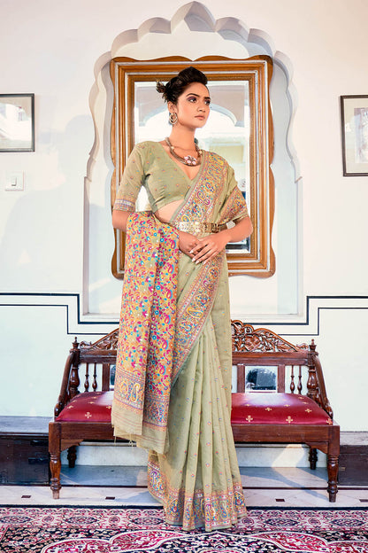 Glorious Green  Pure Handloom Modal Weaving Silk Kashmiri Kani Saree