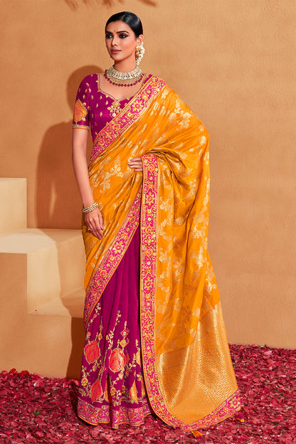 Mango Yellow with Rani Pink Stunning Designer Bridal Dola Silk Saree with Heavy Embroidered Blouse