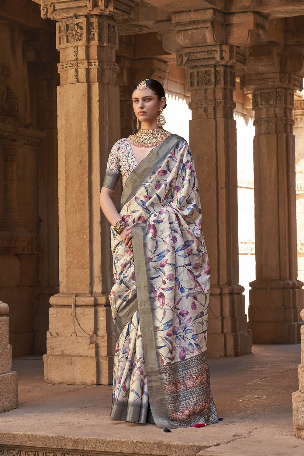 Beige White  Soft Tussar Silk Floral Kalamkari Saree