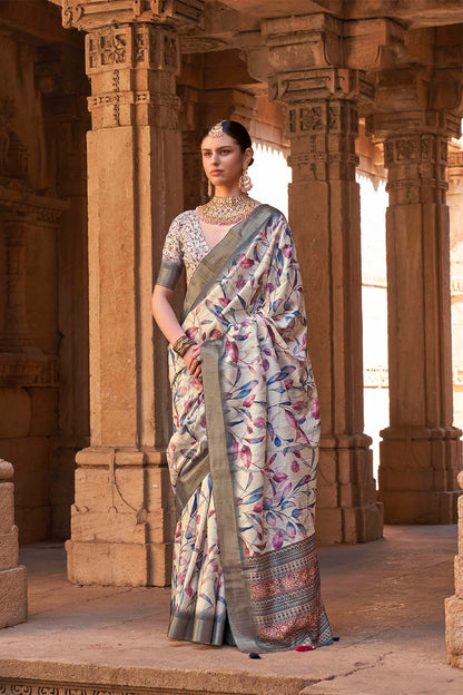 Beige White  Soft Tussar Silk Floral Kalamkari Saree