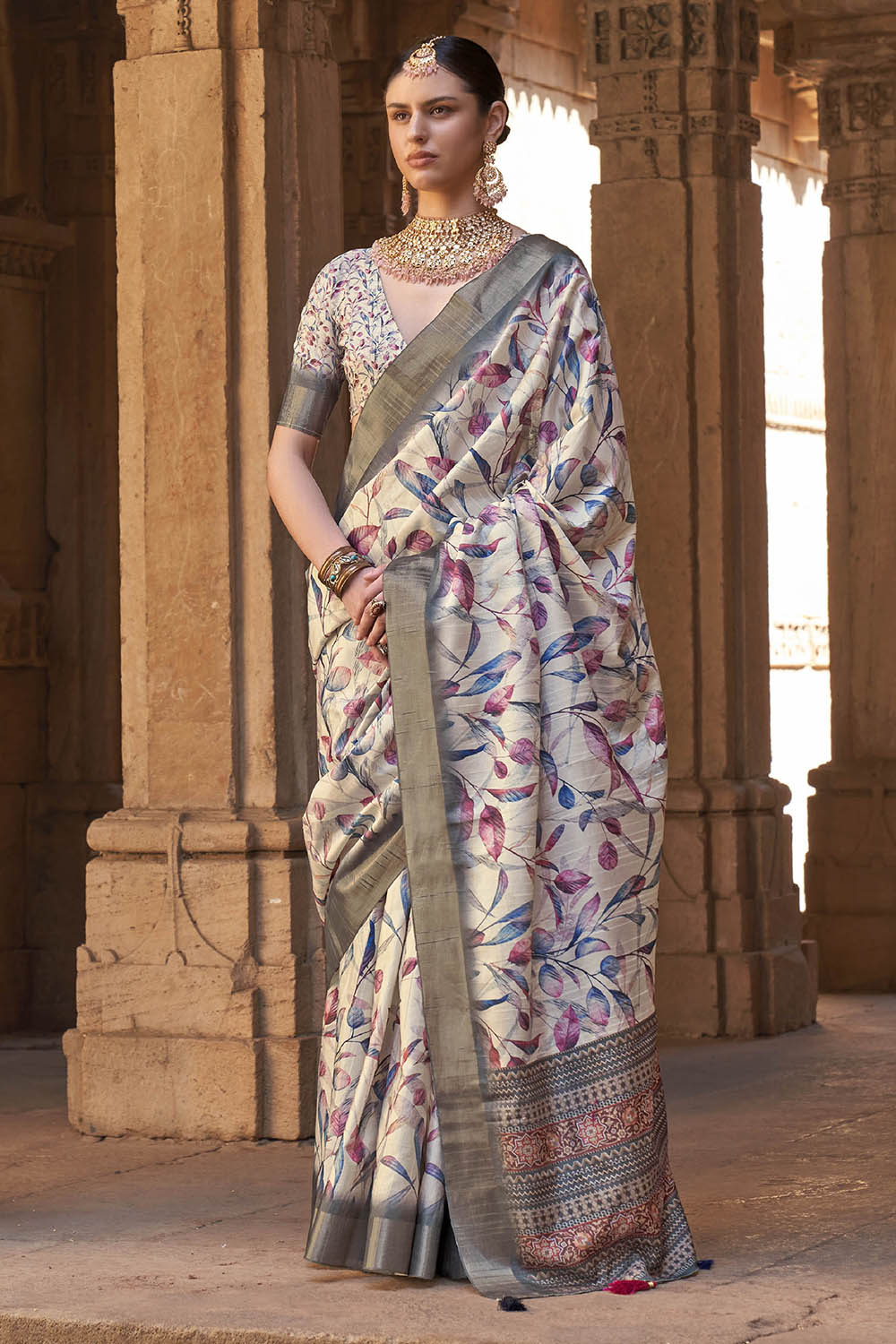 Beige White  Soft Tussar Silk Floral Kalamkari Saree