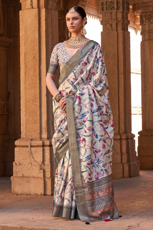 Beige White  Soft Tussar Silk Floral Kalamkari Saree