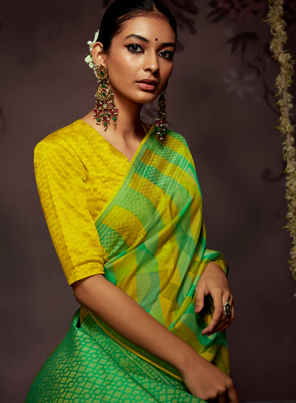 Yellow Green  Checks Designer Soft Organza Saree with Zari Border