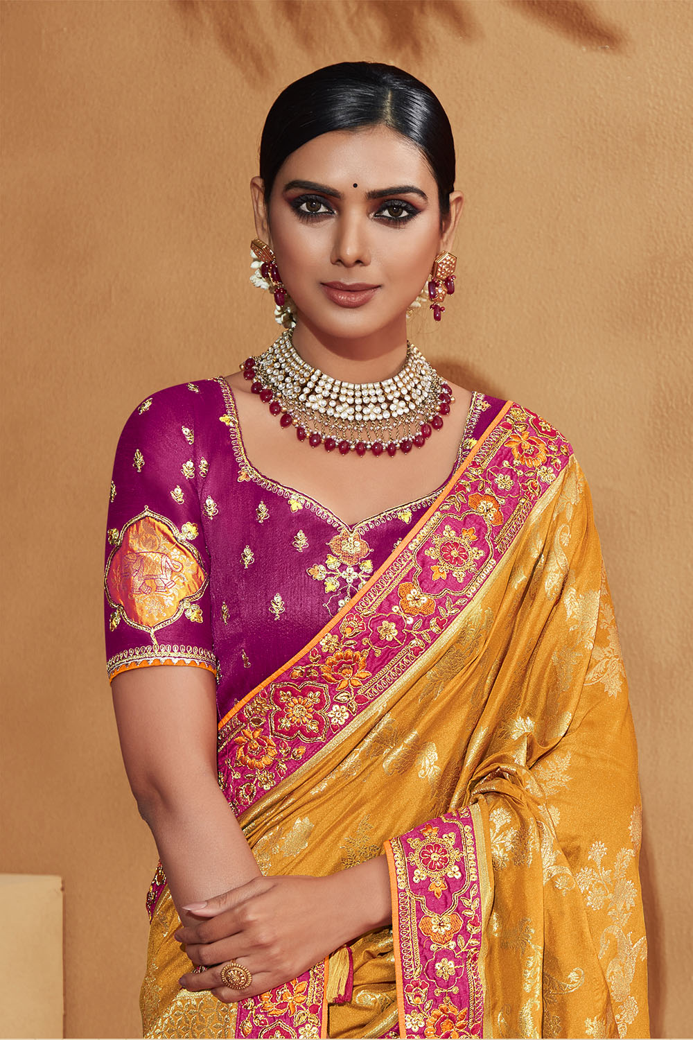 Mango Yellow with Rani Pink Stunning Designer Bridal Dola Silk Saree with Heavy Embroidered Blouse