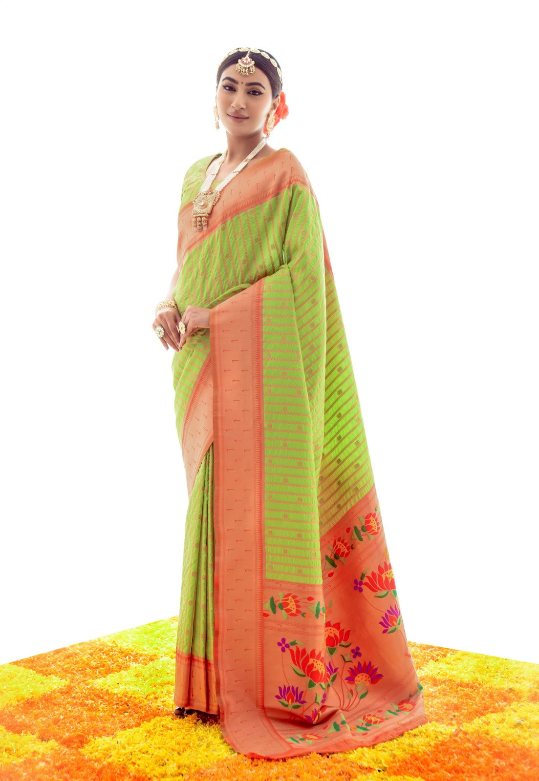 Clover Green Soft Silk Paithani Saree with Grand Paithani Pallu and Border