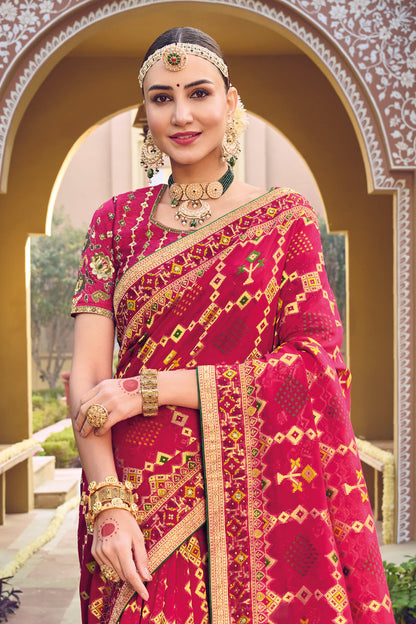 Tomato Red Soft Bandhani Style Dola Silk Saree with Blouse