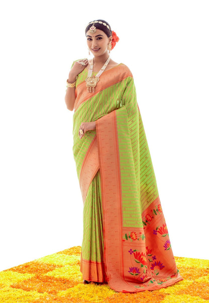 Clover Green Soft Silk Paithani Saree with Grand Paithani Pallu and Border