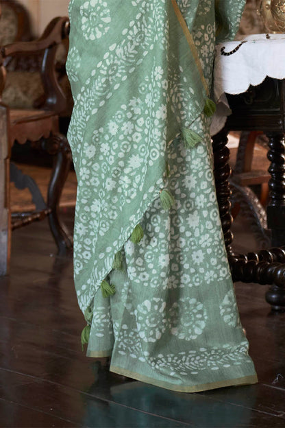 Olive Green Batik Printed Soft Linen Silk Saree