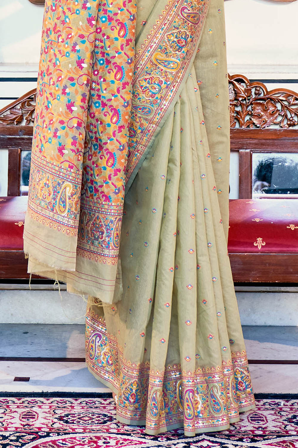 Glorious Green  Pure Handloom Modal Weaving Silk Kashmiri Kani Saree