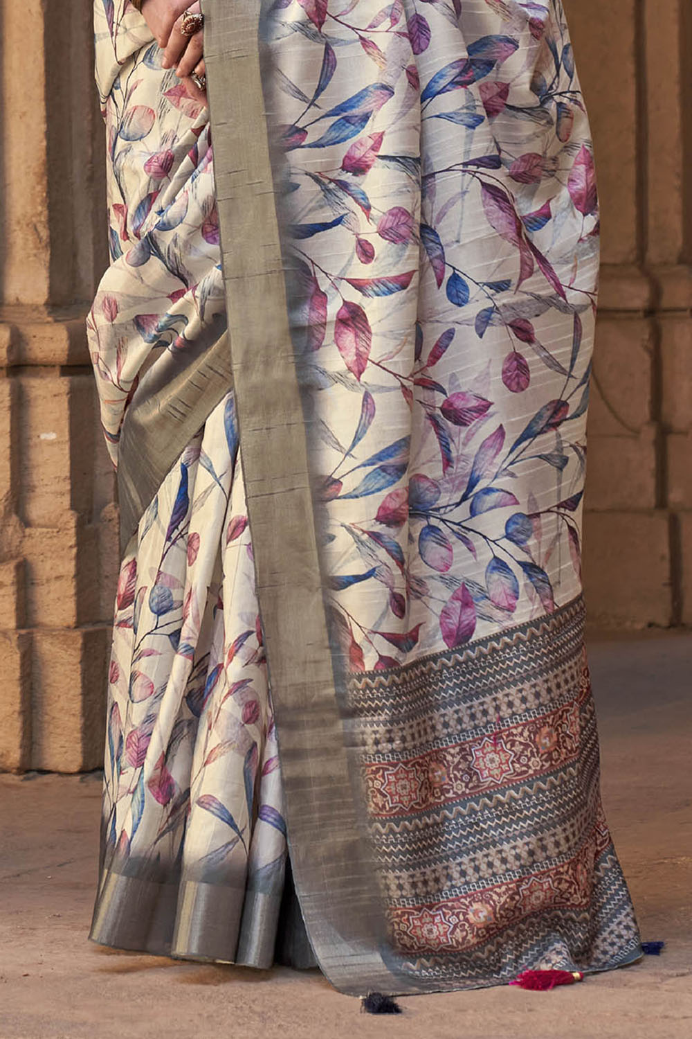 Beige White  Soft Tussar Silk Floral Kalamkari Saree