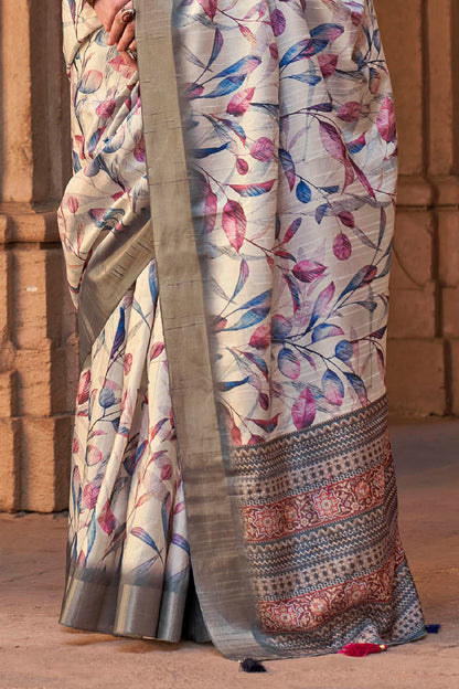 Beige White  Soft Tussar Silk Floral Kalamkari Saree