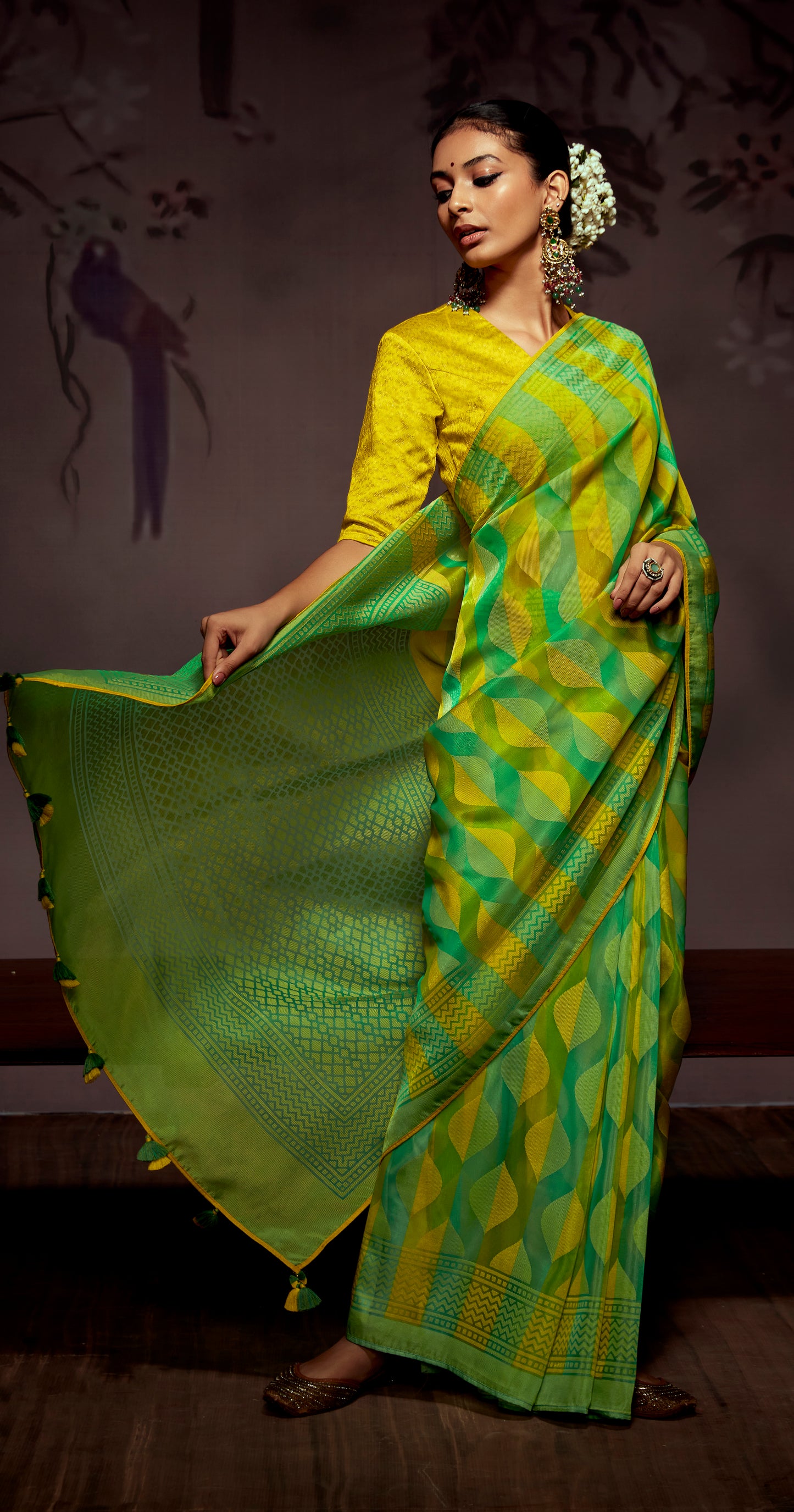 Yellow Green  Checks Designer Soft Organza Saree with Zari Border