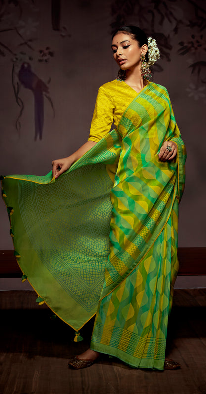 Yellow Green  Checks Designer Soft Organza Saree with Zari Border