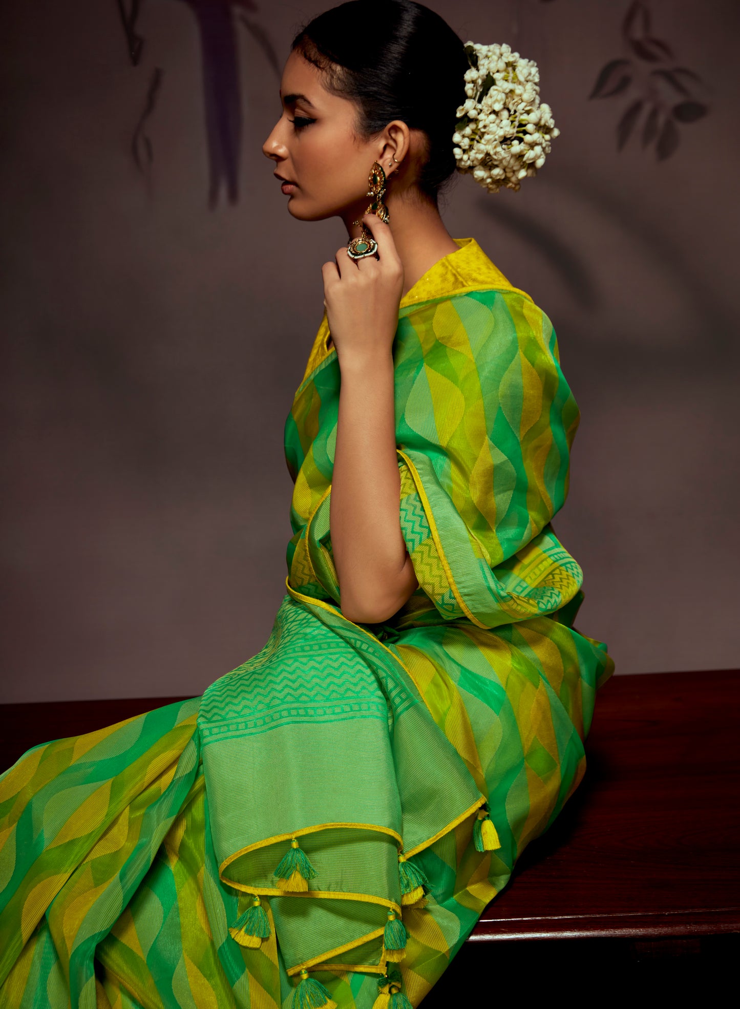 Yellow Green  Checks Designer Soft Organza Saree with Zari Border