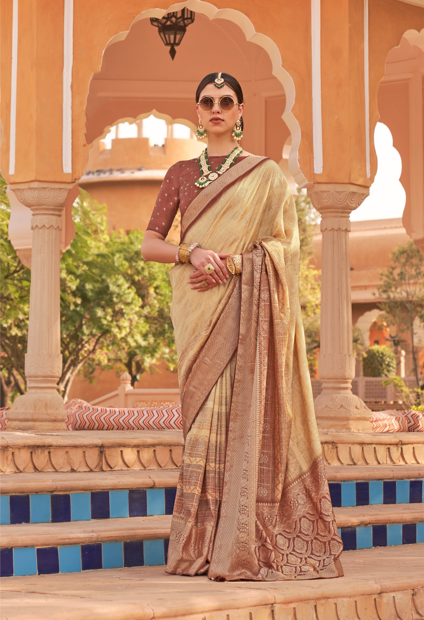 Marigold Yellow with Brown Soft Silk Designer Saree with Banarasi Blouse