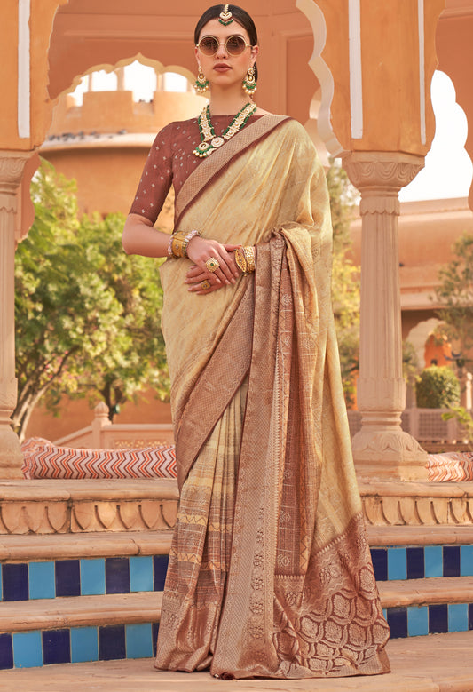 Marigold Yellow with Brown Soft Silk Designer Saree with Banarasi Blouse