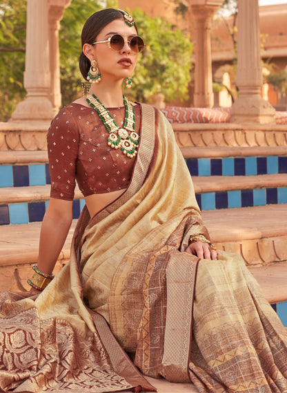 Marigold Yellow with Brown Soft Silk Designer Saree with Banarasi Blouse