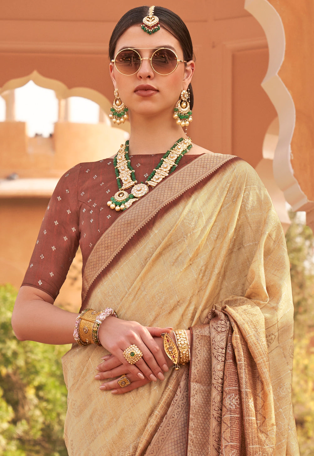 Marigold Yellow with Brown Soft Silk Designer Saree with Banarasi Blouse