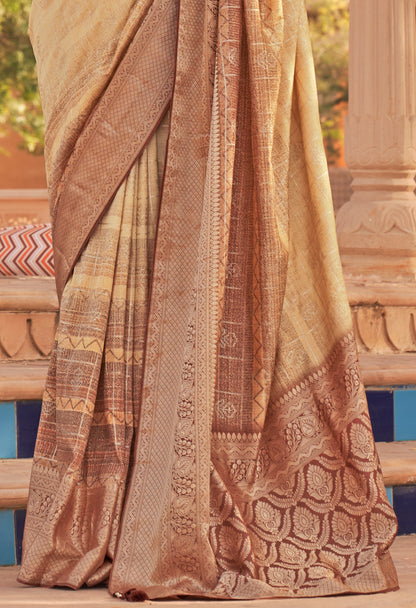 Marigold Yellow with Brown Soft Silk Designer Saree with Banarasi Blouse