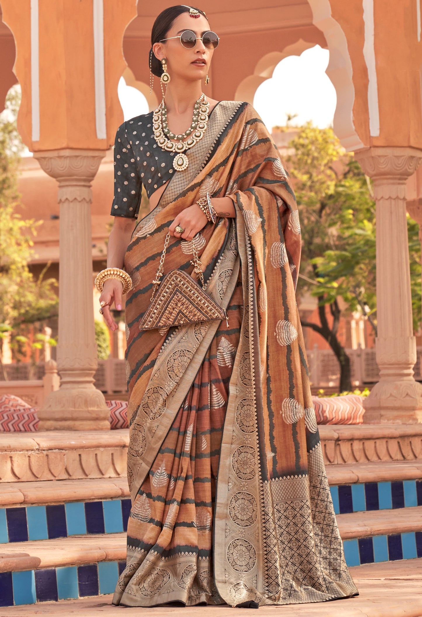 Mustard Yellow with Green Soft Silk Designer Saree with Banarasi Blouse