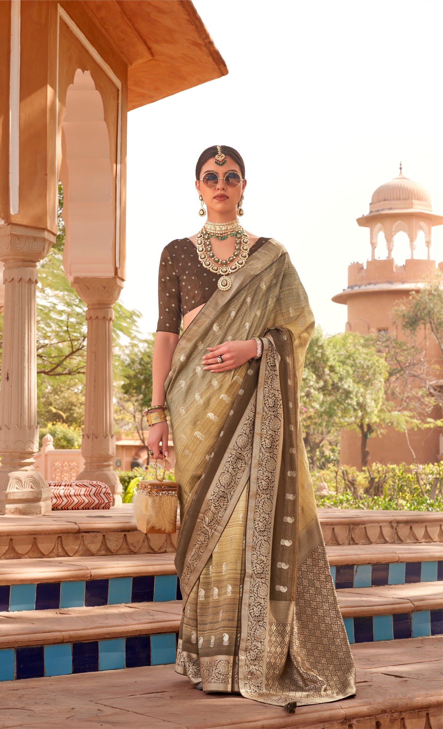 Olive with Yellow  with Brown Soft Silk Designer Saree with Banarasi Blouse