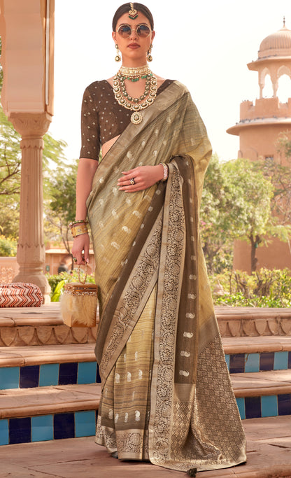 Olive with Yellow  with Brown Soft Silk Designer Saree with Banarasi Blouse