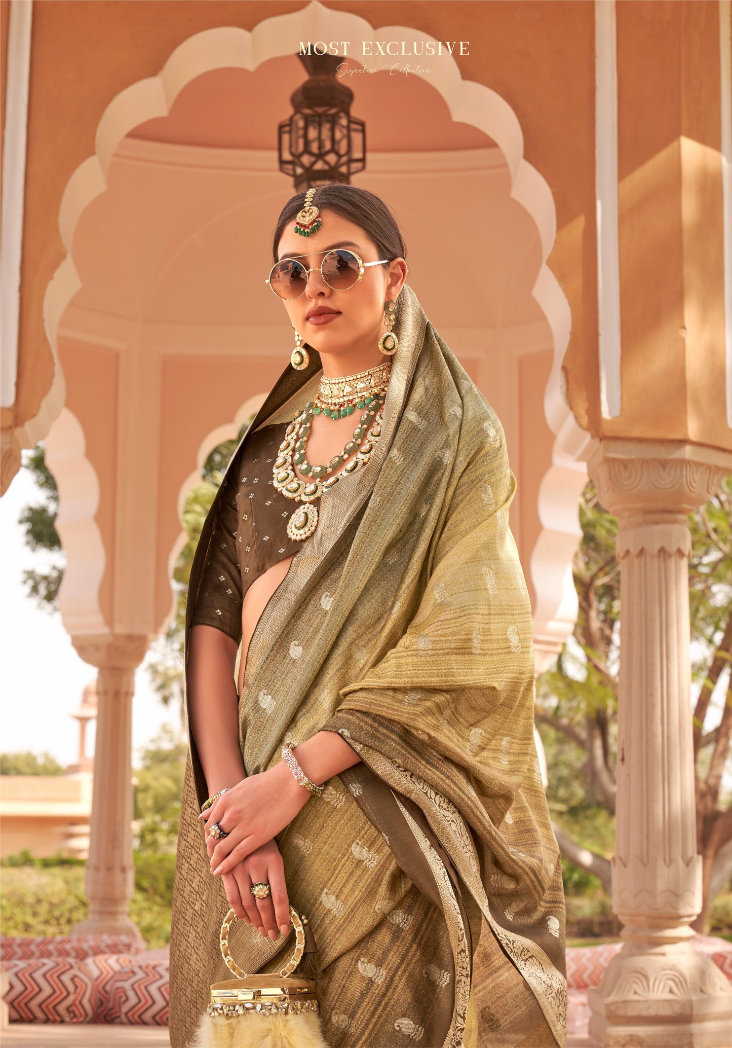 Olive with Yellow  with Brown Soft Silk Designer Saree with Banarasi Blouse