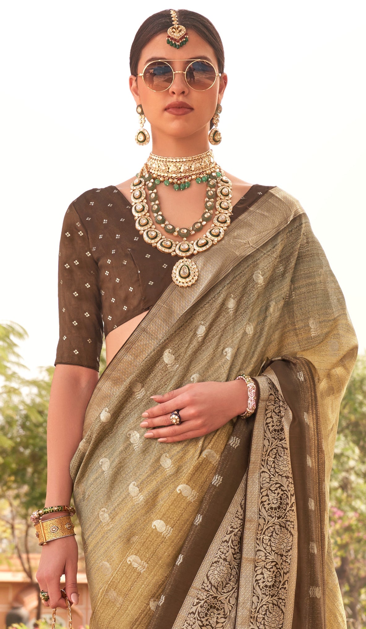 Olive with Yellow  with Brown Soft Silk Designer Saree with Banarasi Blouse