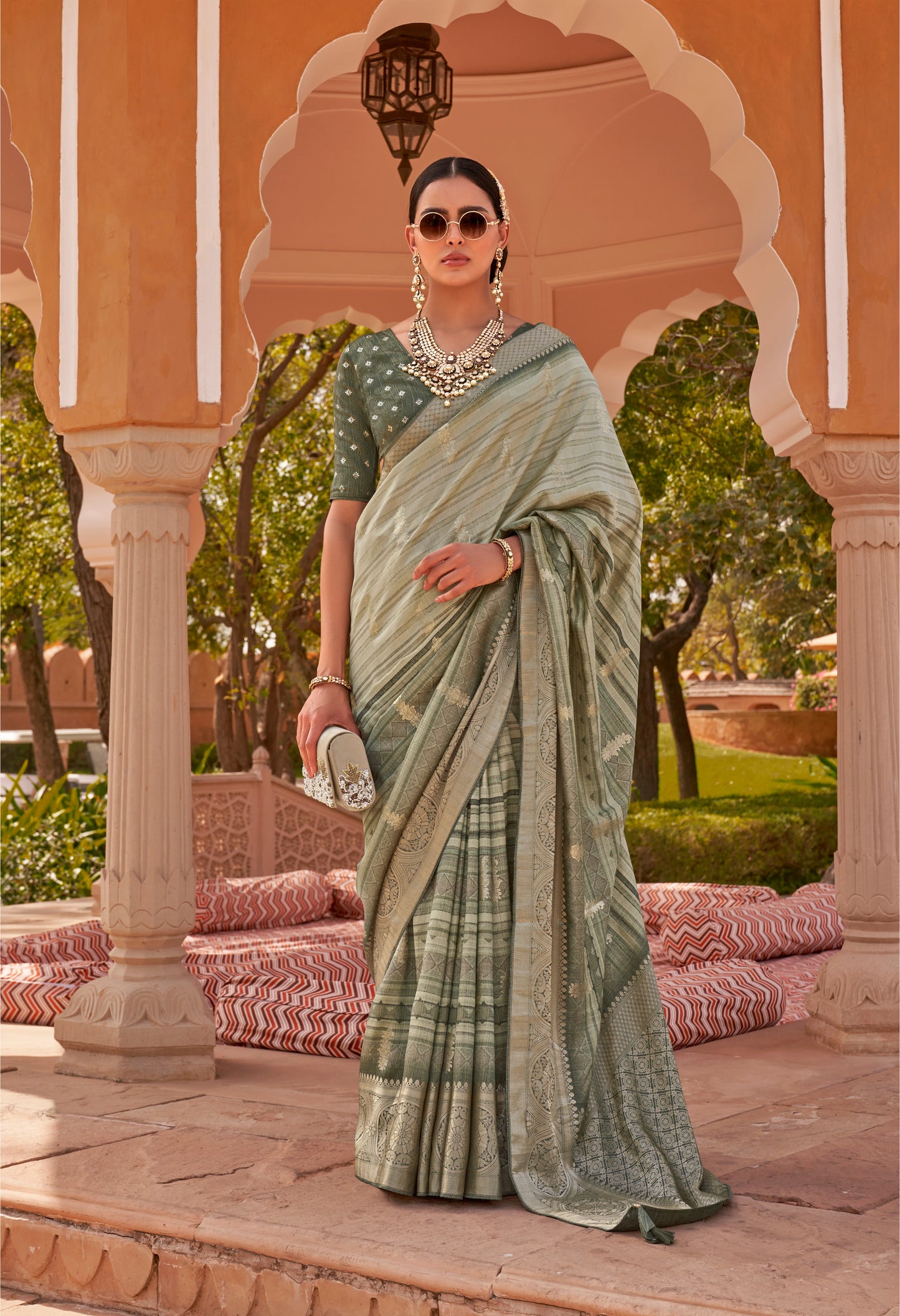 Greenish Grey  with Brown Soft Silk Designer Saree with Banarasi Blouse