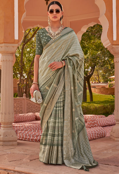 Greenish Grey  with Brown Soft Silk Designer Saree with Banarasi Blouse