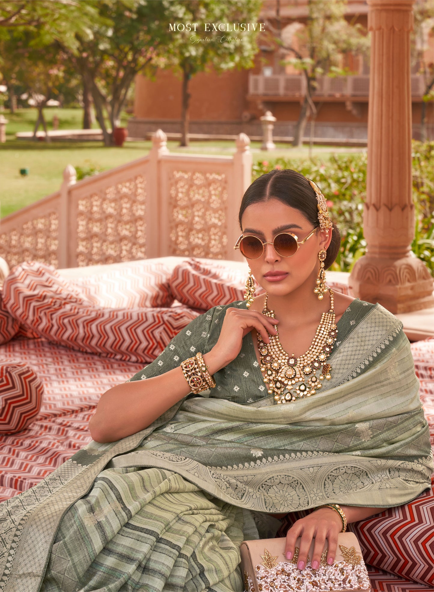 Greenish Grey  with Brown Soft Silk Designer Saree with Banarasi Blouse