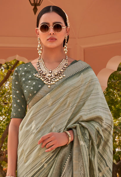 Greenish Grey  with Brown Soft Silk Designer Saree with Banarasi Blouse