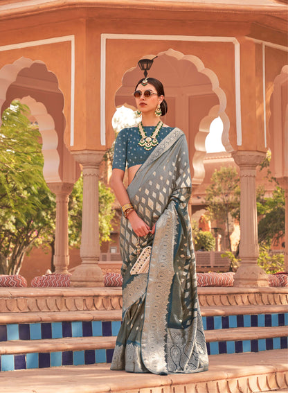 Blue with Grey Soft Silk Designer Saree with Banarasi Blouse