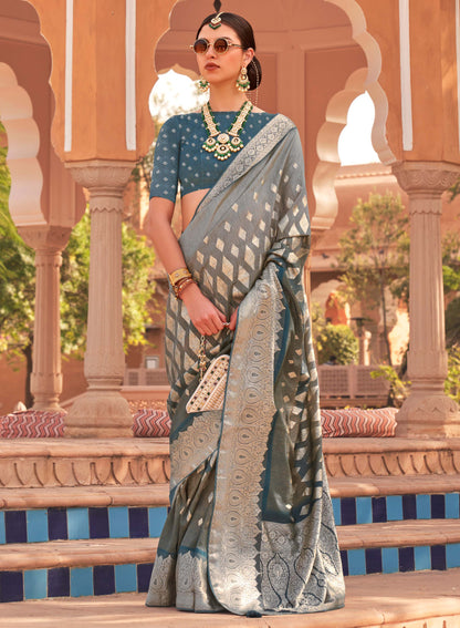 Blue with Grey Soft Silk Designer Saree with Banarasi Blouse