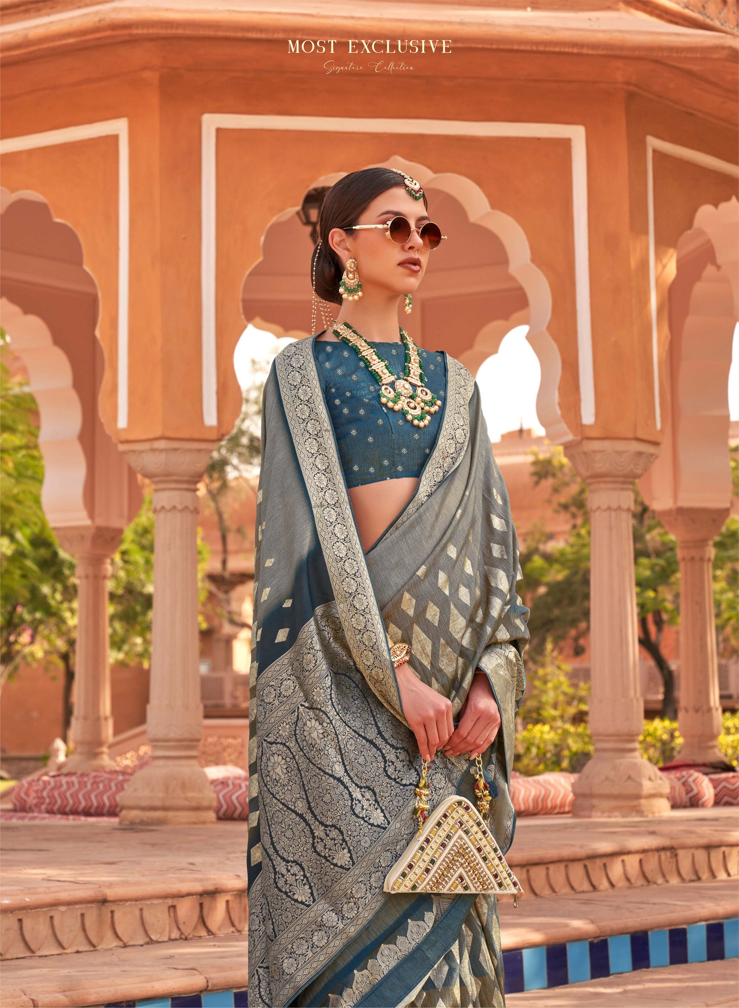 Blue with Grey Soft Silk Designer Saree with Banarasi Blouse