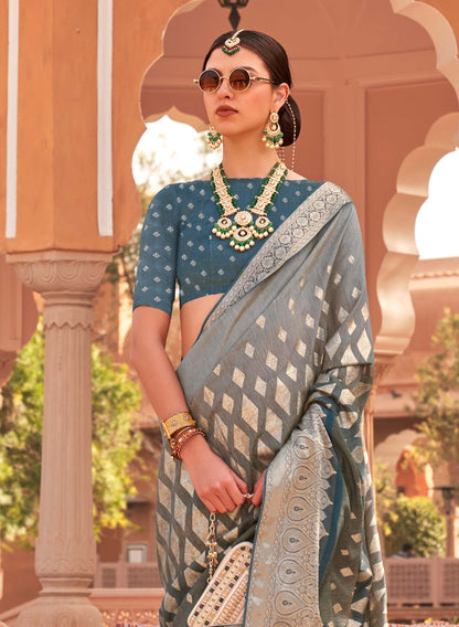 Blue with Grey Soft Silk Designer Saree with Banarasi Blouse