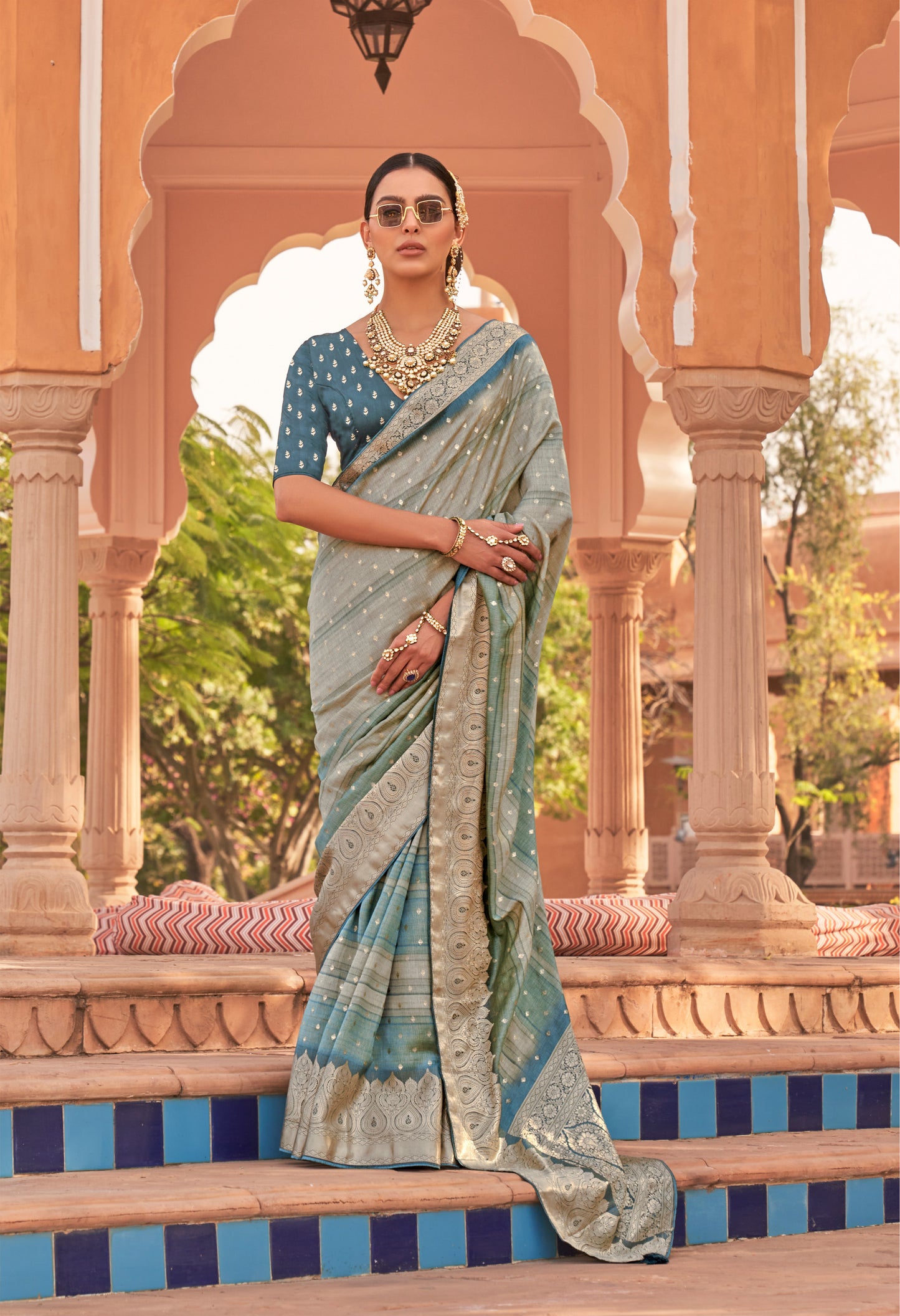 Grey with Aqua Soft Silk Designer Saree with Banarasi Blouse