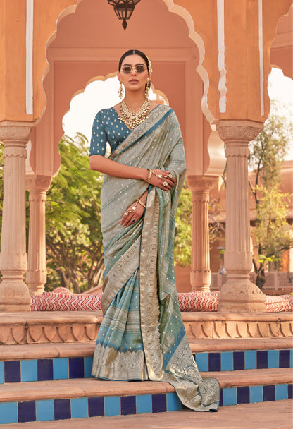 Grey with Aqua Soft Silk Designer Saree with Banarasi Blouse