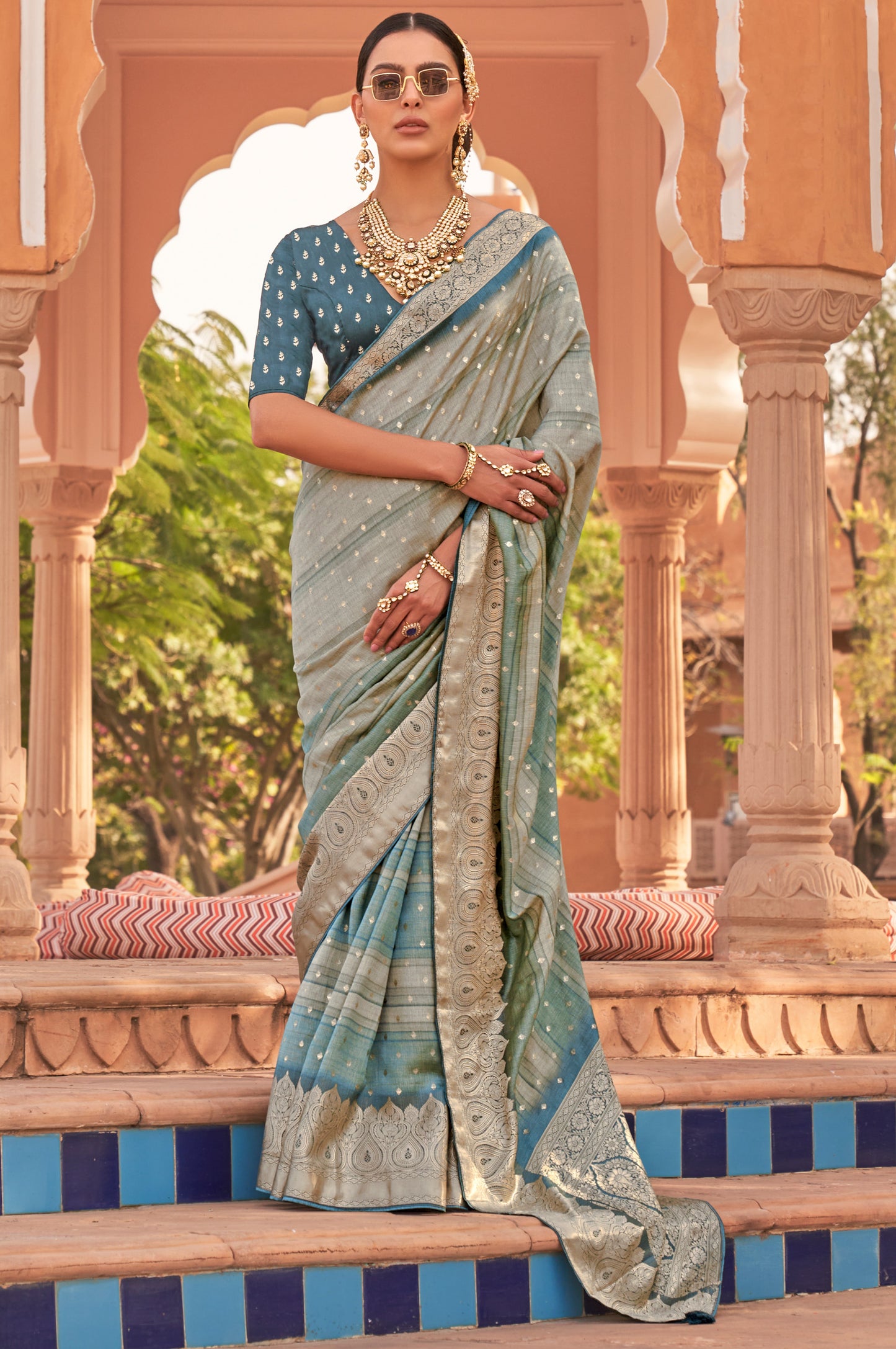 Grey with Aqua Soft Silk Designer Saree with Banarasi Blouse