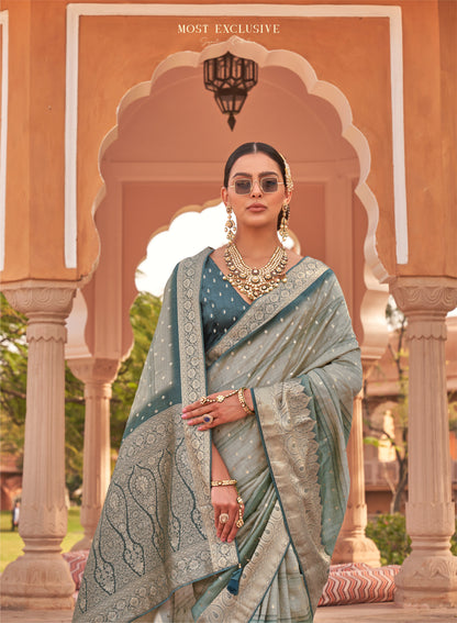 Grey with Aqua Soft Silk Designer Saree with Banarasi Blouse