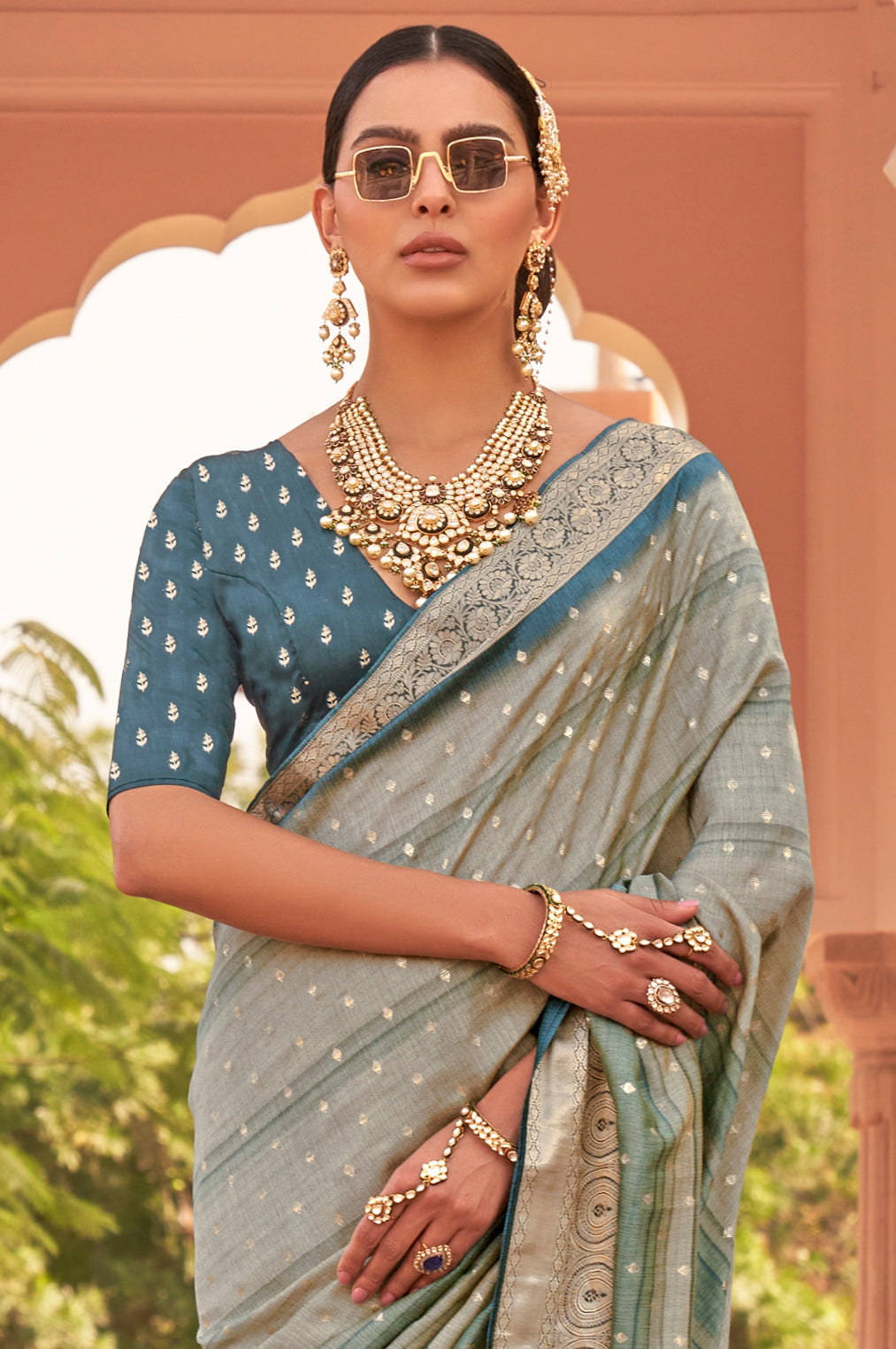 Grey with Aqua Soft Silk Designer Saree with Banarasi Blouse