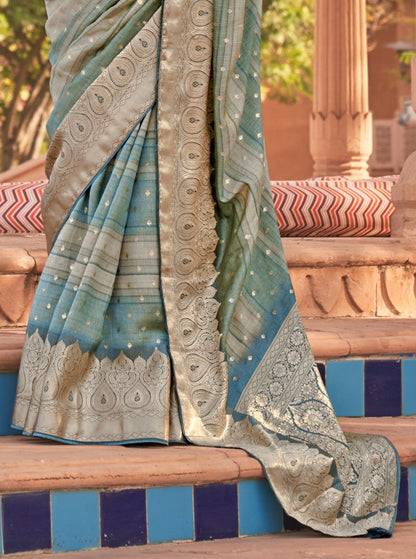 Grey with Aqua Soft Silk Designer Saree with Banarasi Blouse