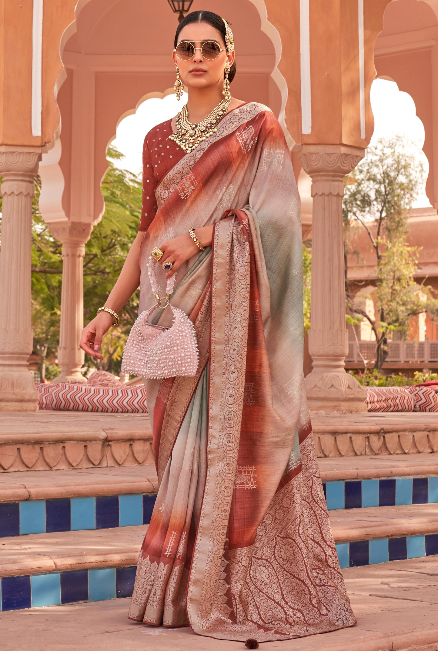 Brown with Light Champagne Soft Silk Designer Saree with Banarasi Blouse