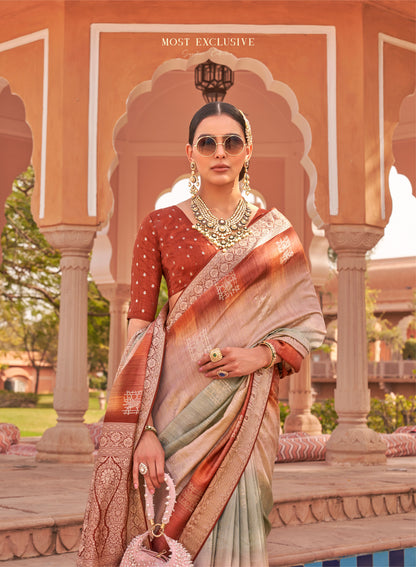 Brown with Light Champagne Soft Silk Designer Saree with Banarasi Blouse