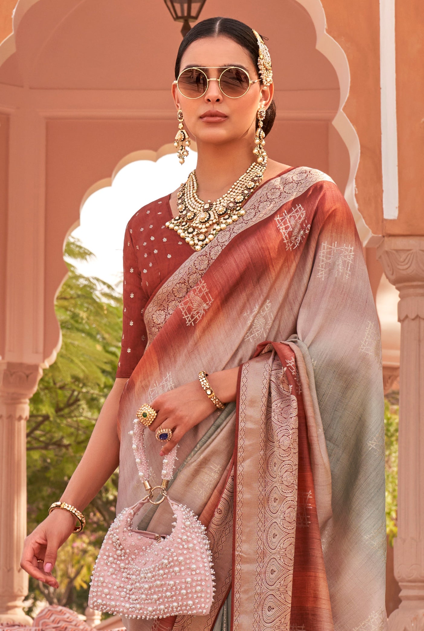 Brown with Light Champagne Soft Silk Designer Saree with Banarasi Blouse