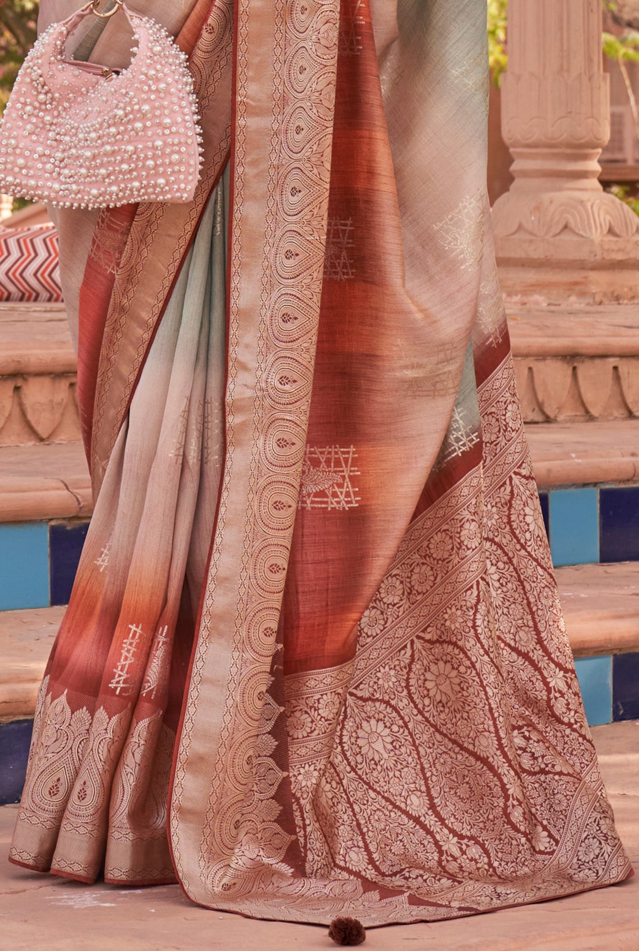 Brown with Light Champagne Soft Silk Designer Saree with Banarasi Blouse