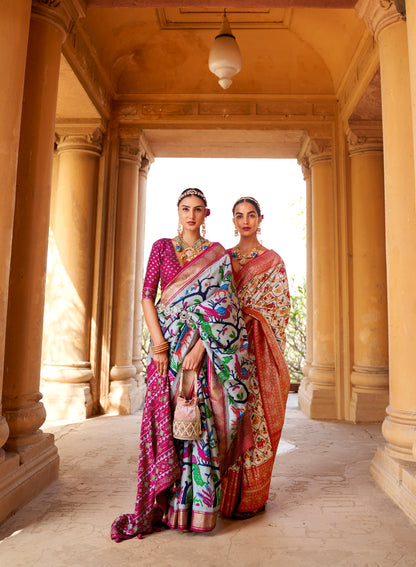 White with Red Navratna Patola Style Saree with Tessles